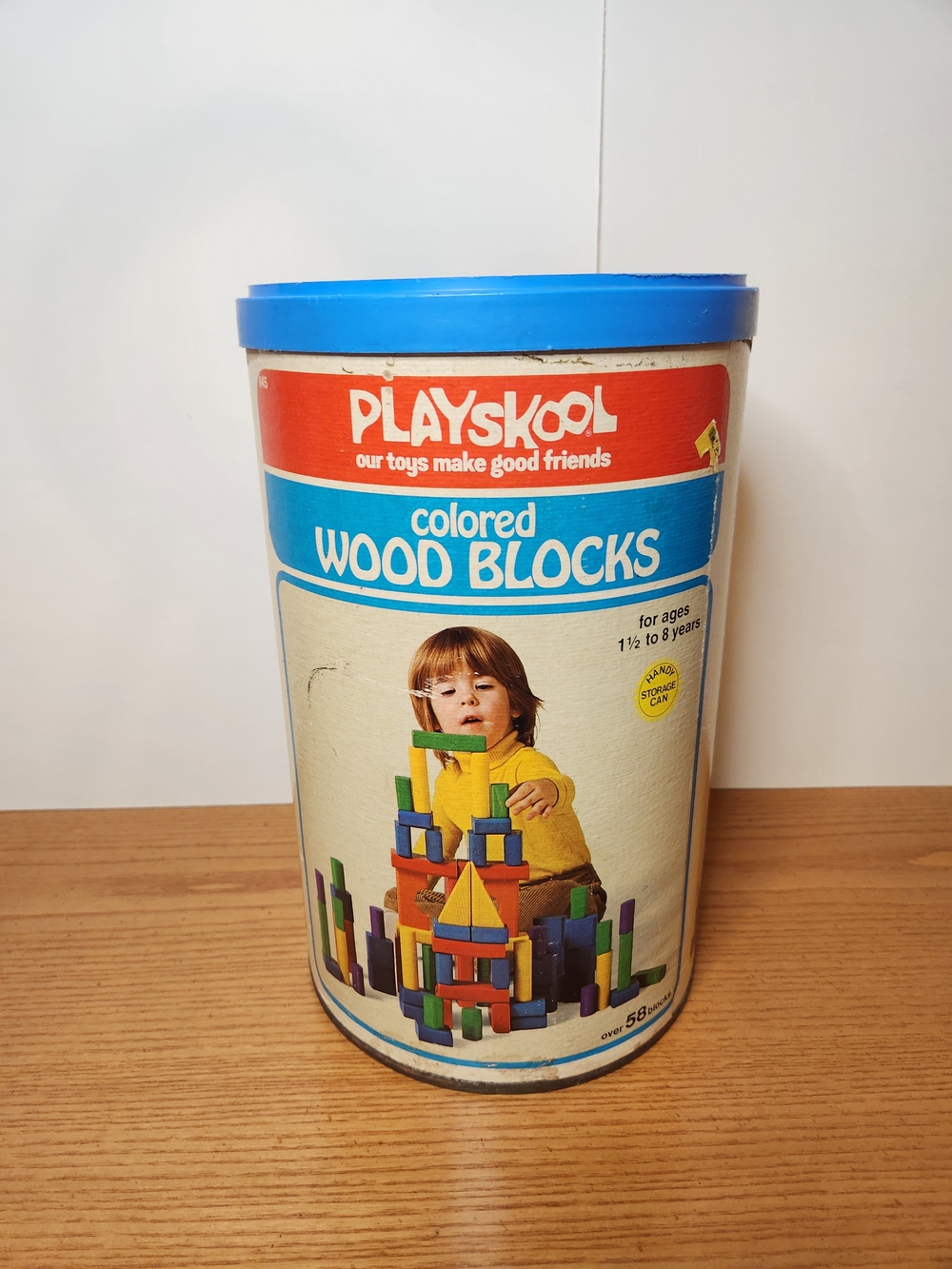 1970'S VTG PLAYSKOOL Original Canister w/ 56 Colored Wooden Blocks.